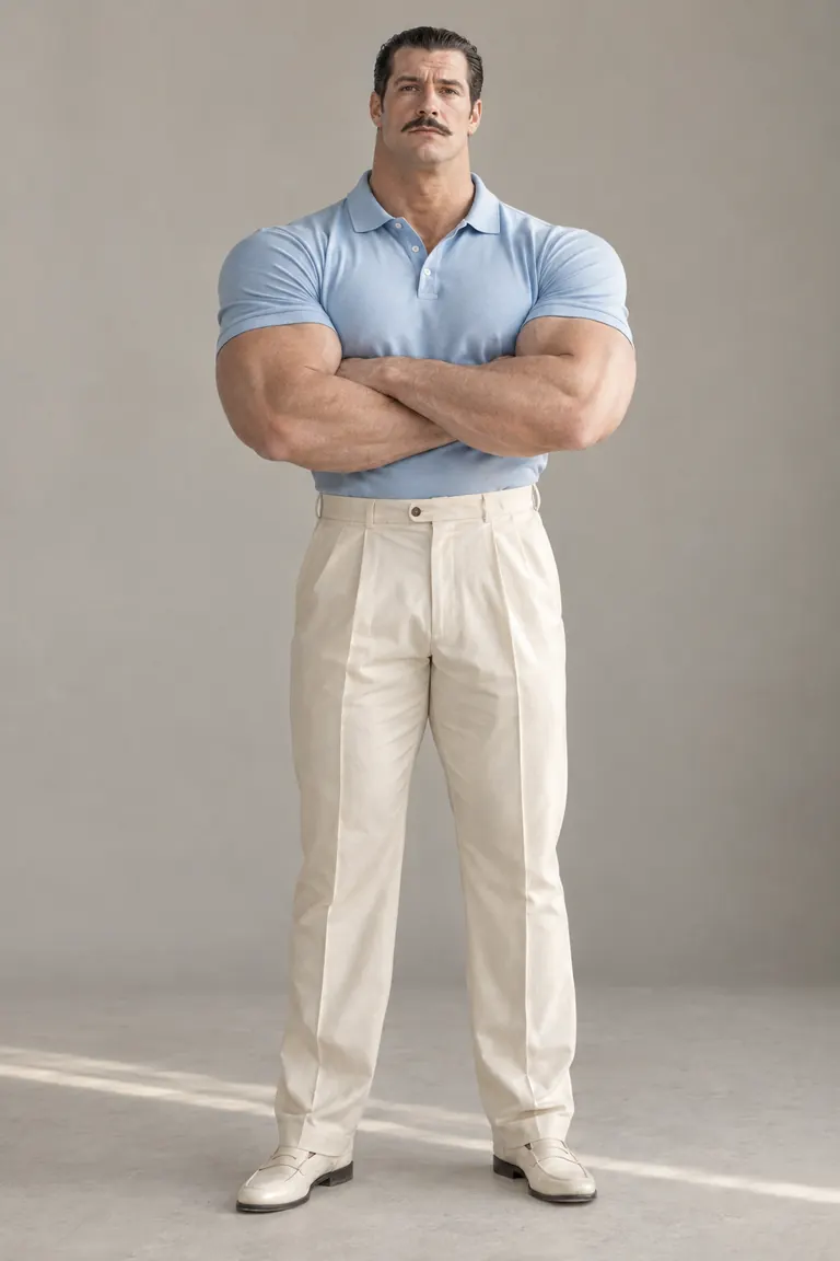 Muscular character with folded arms, a blue polo shirt and cream trousers
