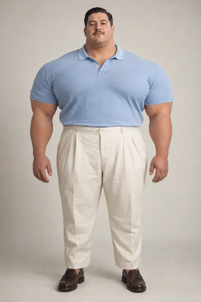 Broad-built character in a blue polo shirt and cream trousers