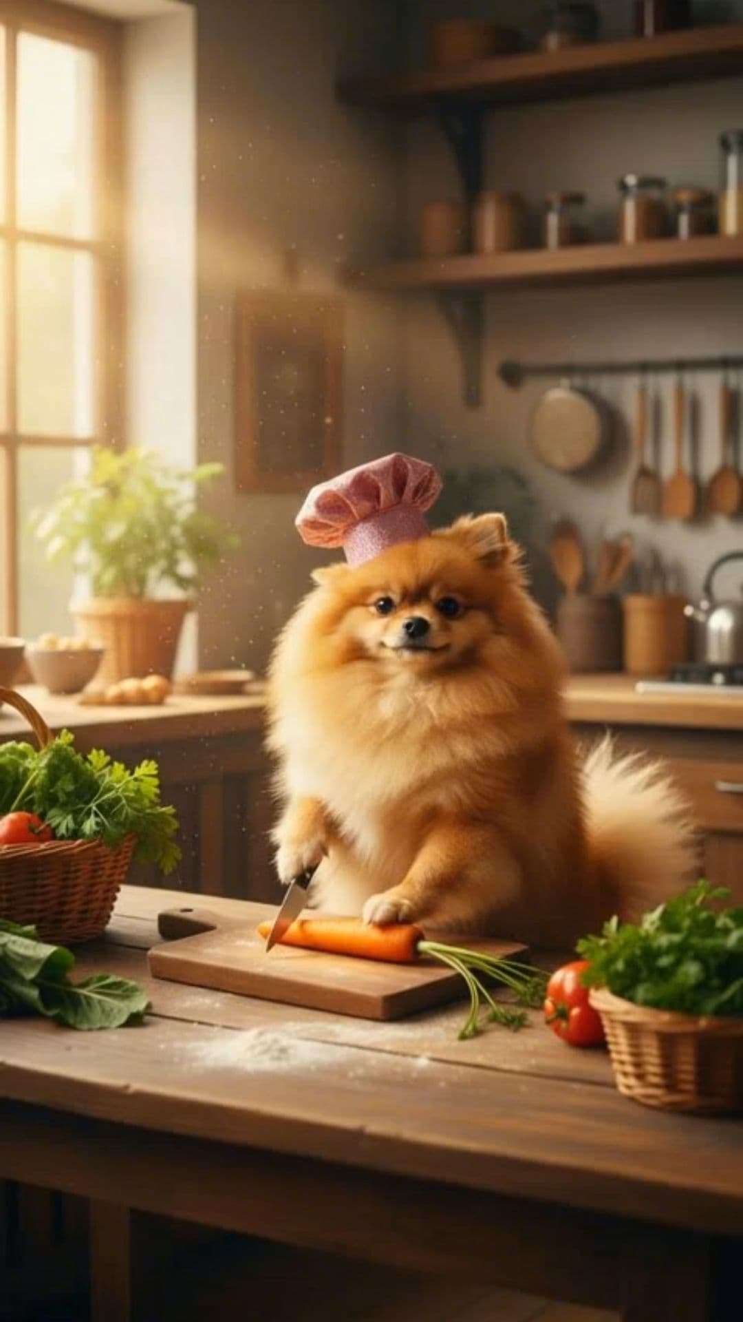 Sassy Golden Pomeranian Diva Cooking in Her Kitchen