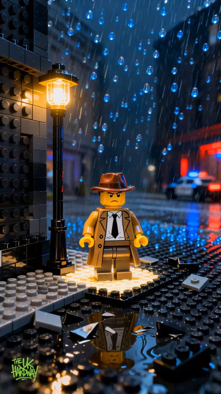 A dramatic scene at night under a heavy rainstorm....