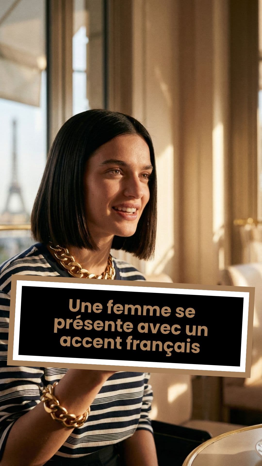 Une femme se présente avec un accent français