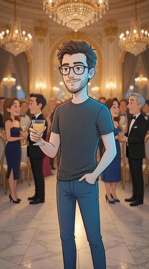 The Tibo character at a gala holding a glass
