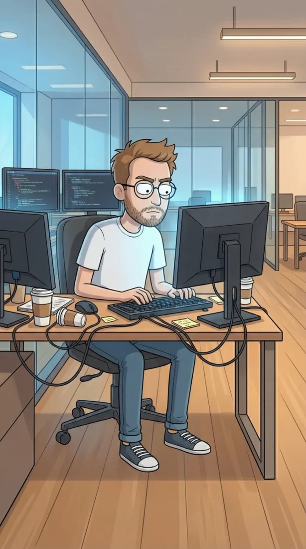 The Tibo character coding at an office desk