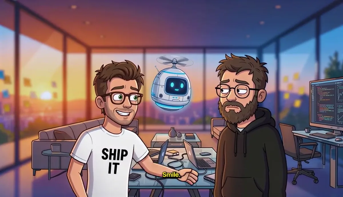 Tibo, a small robot and Rob in a sunset living room