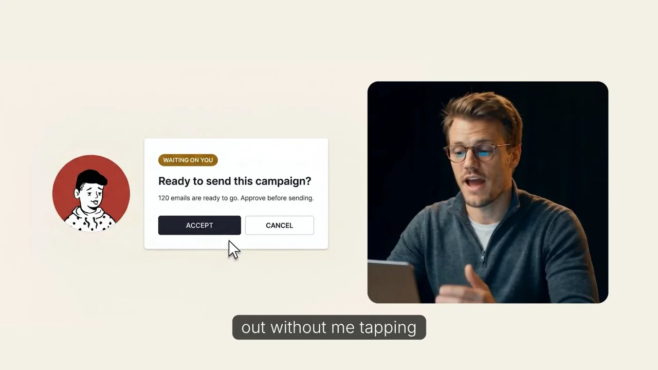 The AI presenter at his desk next to a real product screenshot