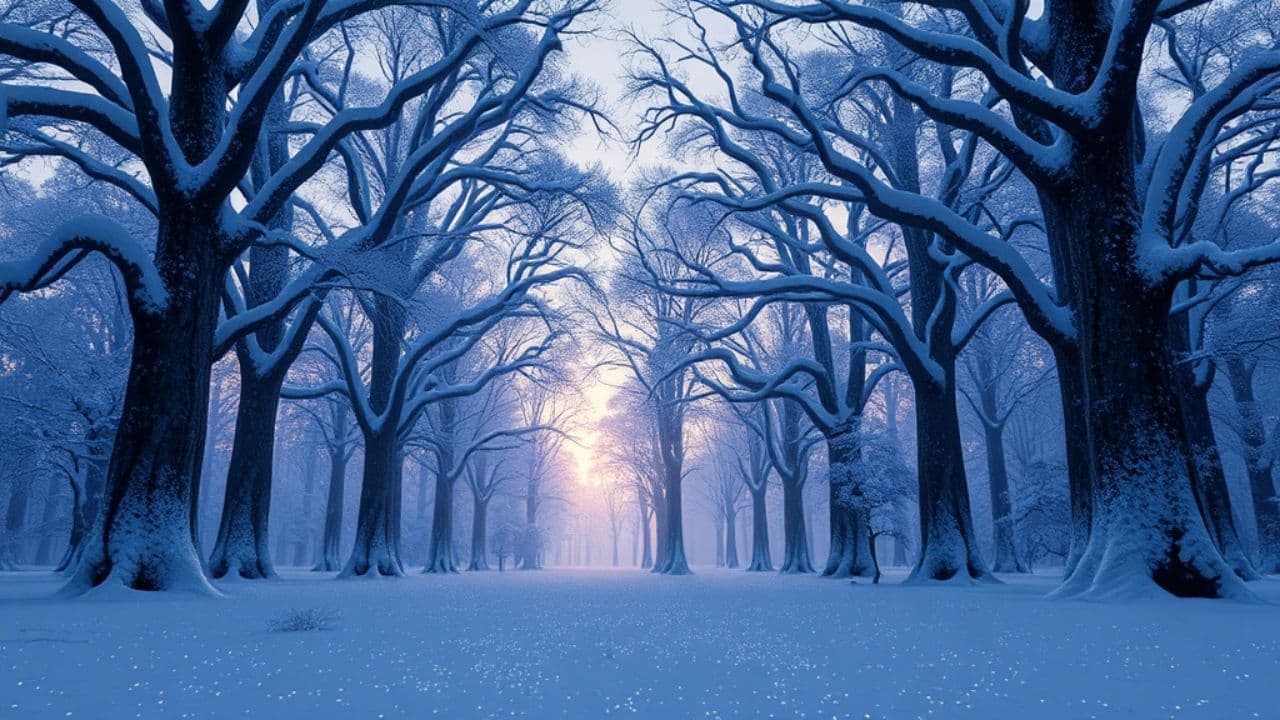 Зимний волшебный лес в вечернем свете