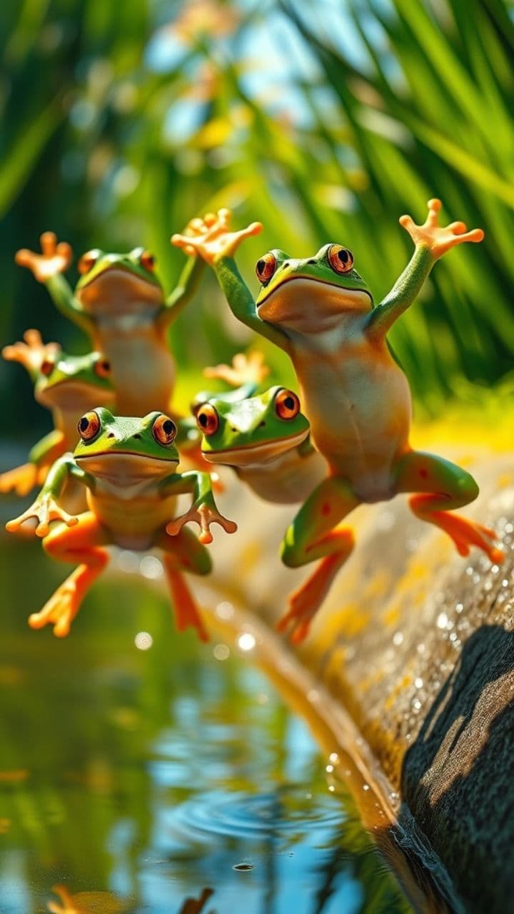 Frogs and Ducks Having Fun