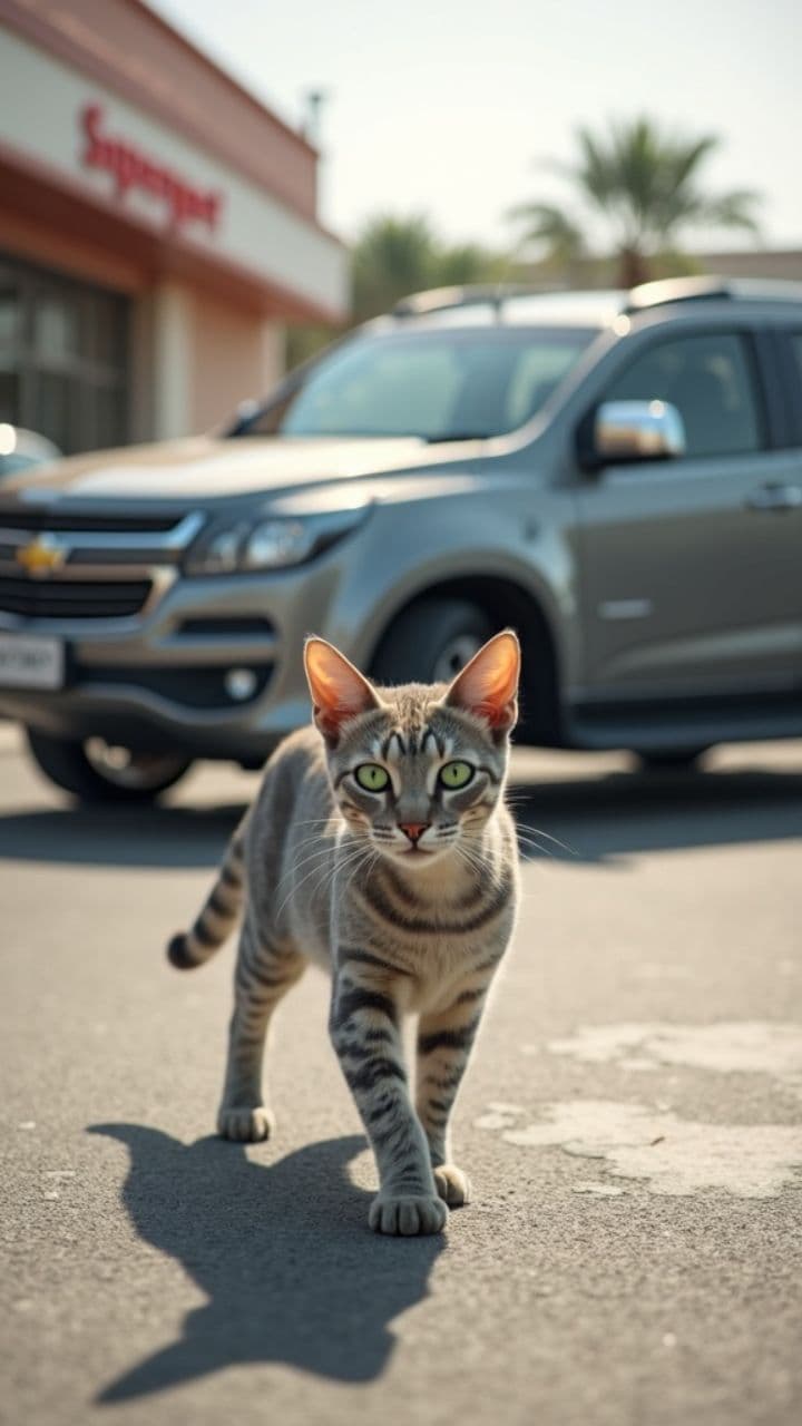 Cat Drifting in Supermarket Parking Lot