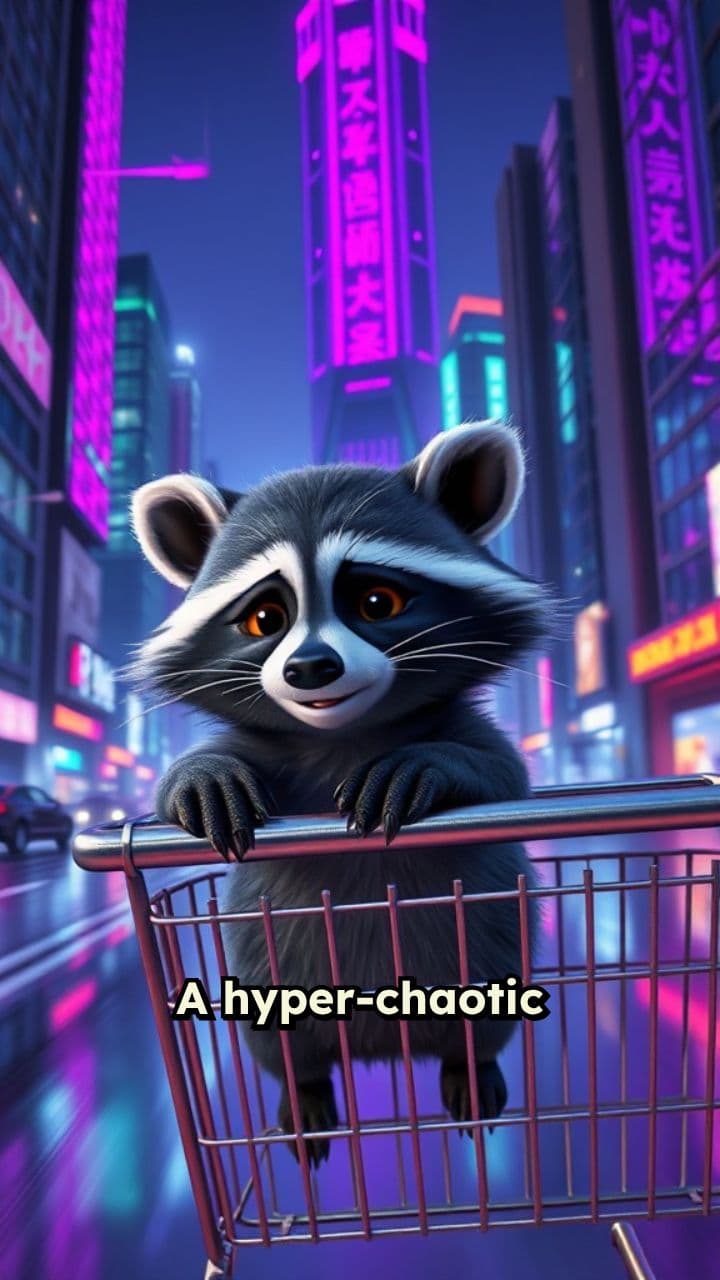 Raccoon Rides Through Neon Chaos