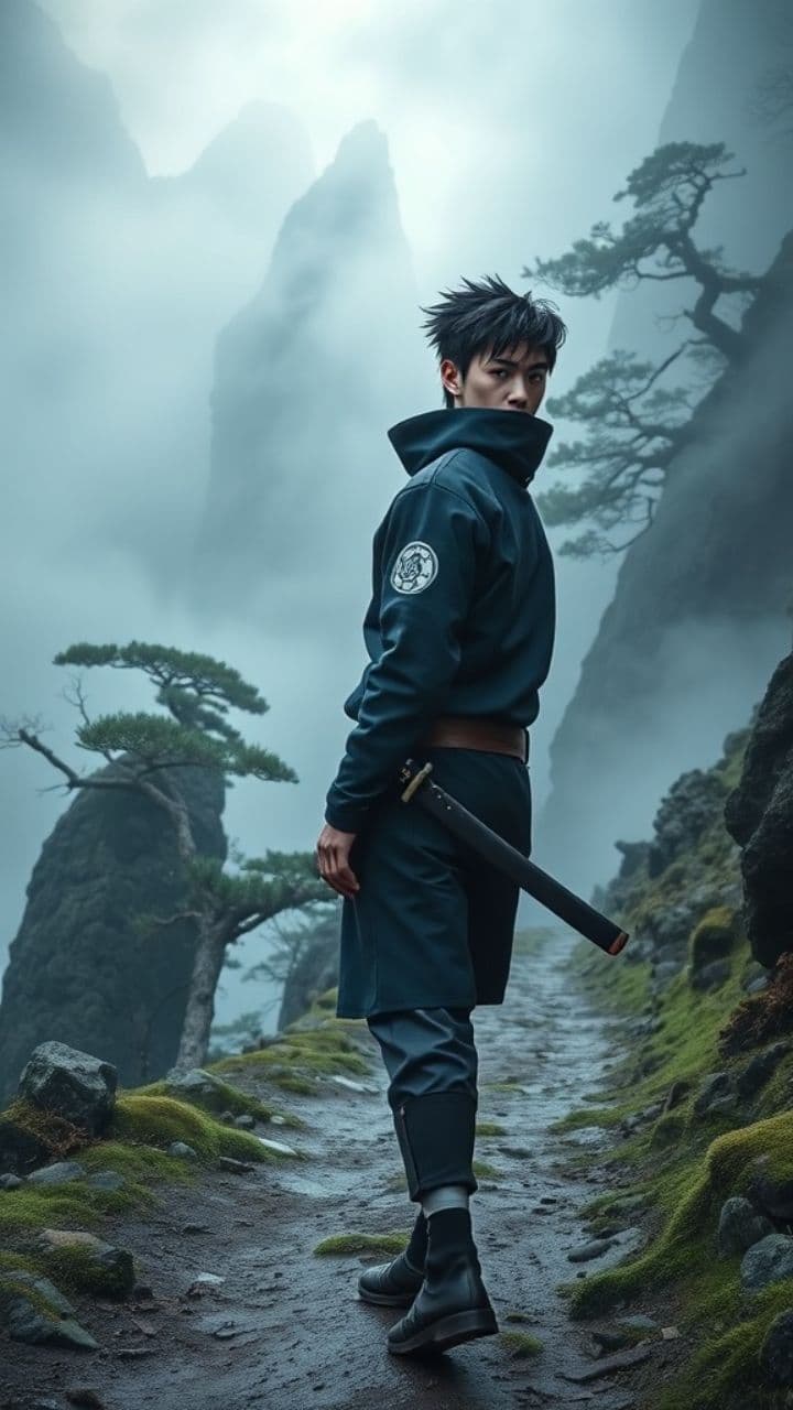 धुंधली पहाड़ियों में योद्धा का चलना