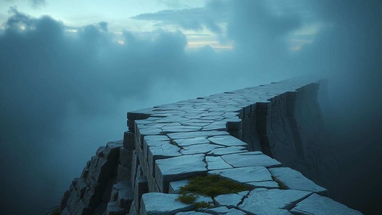 Chaussée surélevée et marais brumeux