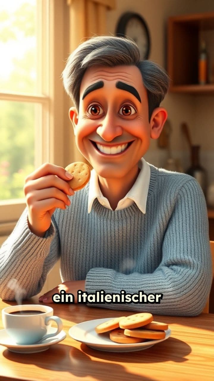 Italienischer Mann isst Kekse am Tisch