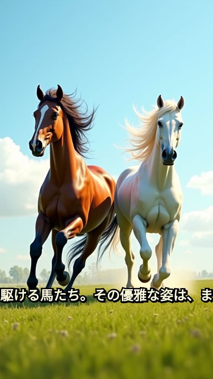 広大な草地の馬たち