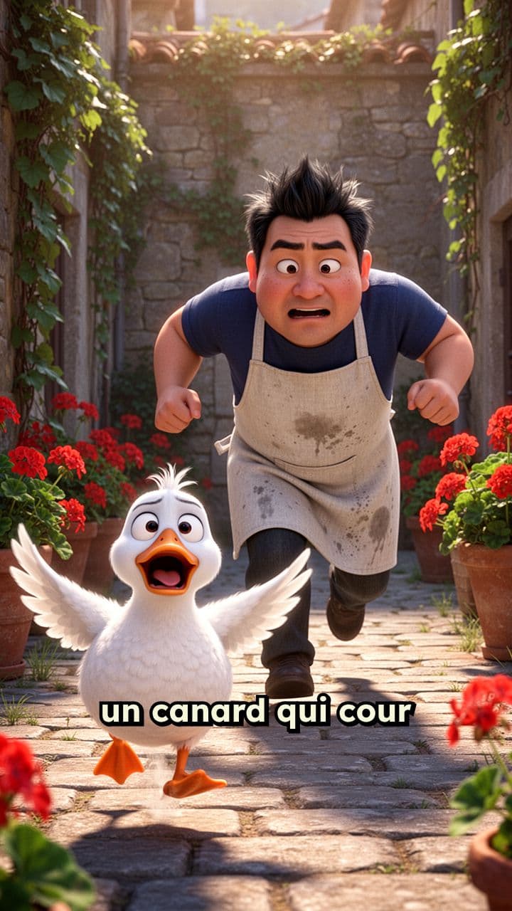 Canard terrifié poursuivi par un nain japonais