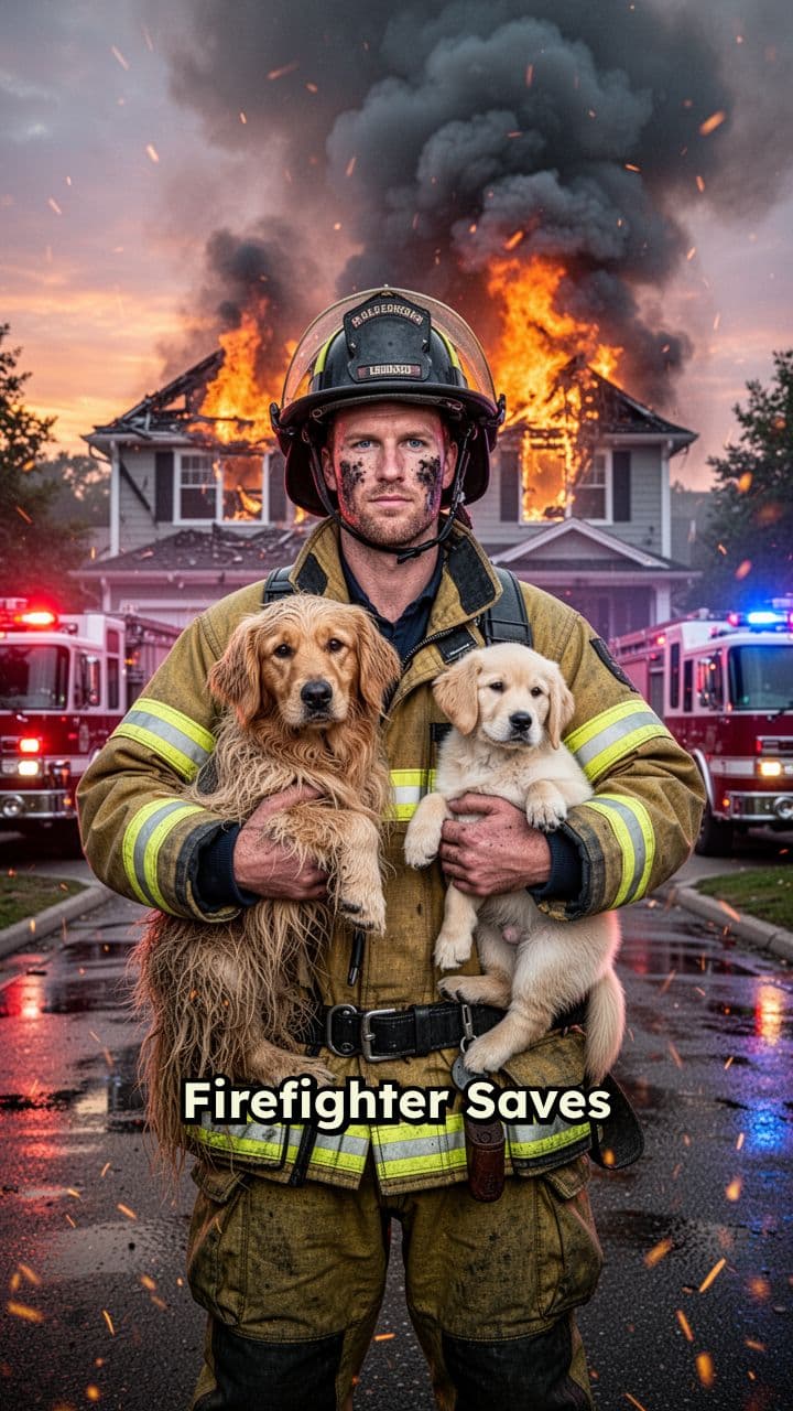 Firefighter Rescues Dog and Puppies