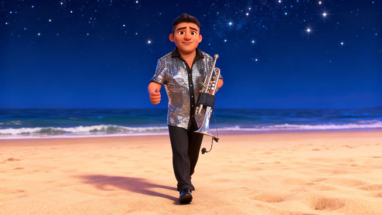 Tocando Trompeta en la playa de noche bajo las estrellas