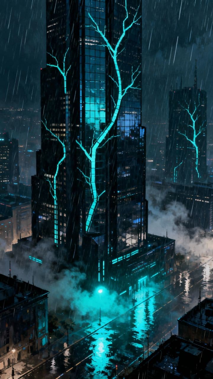 Glowing Veins in a City Storm