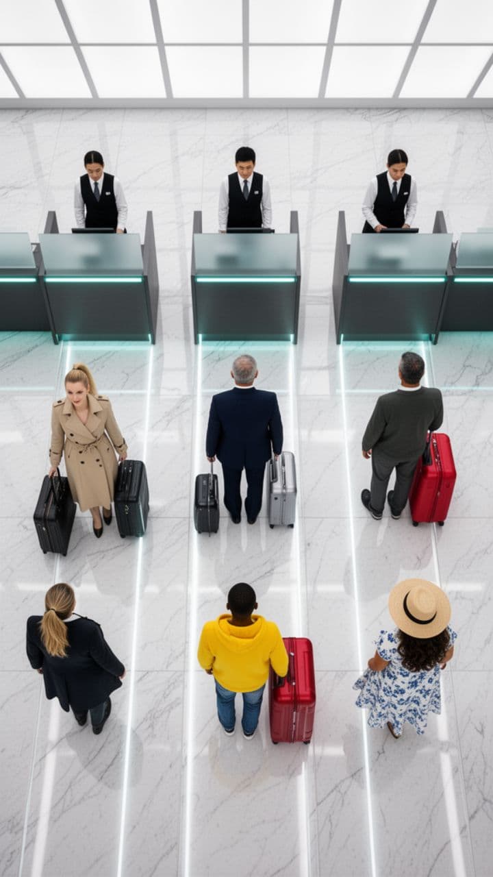 Top View Queues to Five Counters