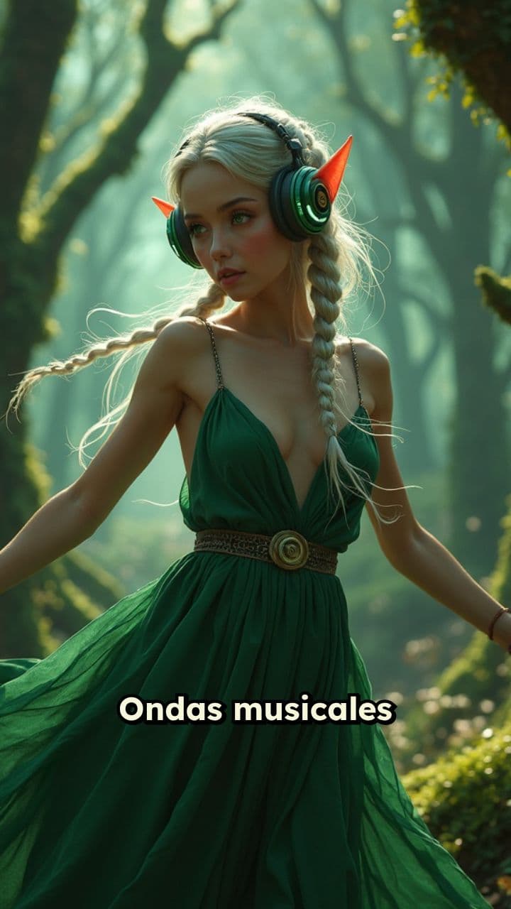 Elfo bailando con música en auriculares