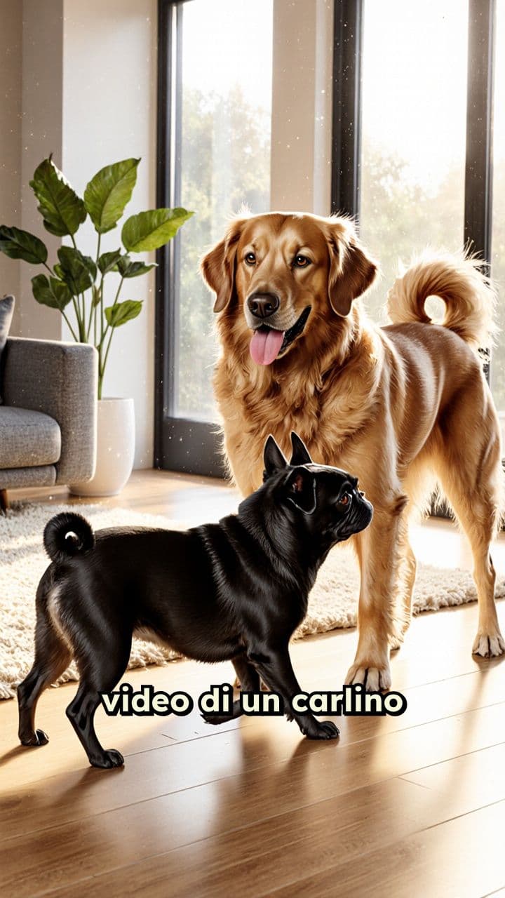 Carlino nero e Golden Retriever ballano insieme