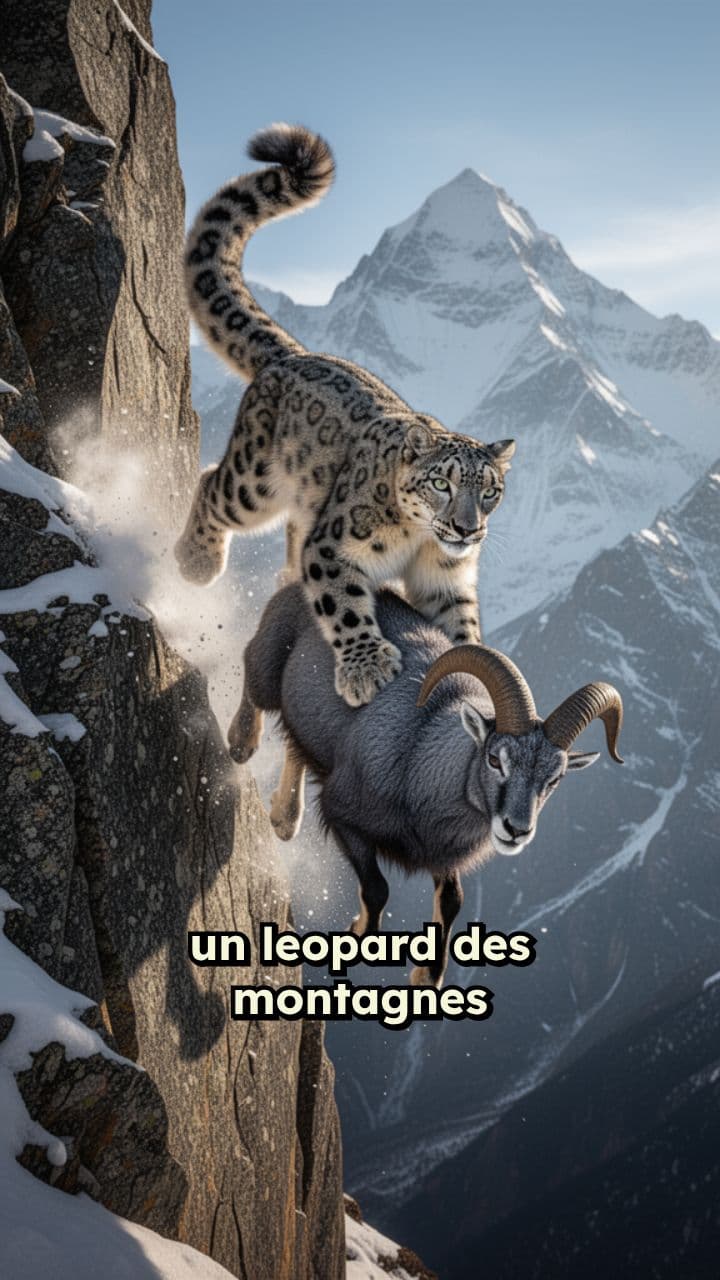 Chute enneigée du léopard chasseur