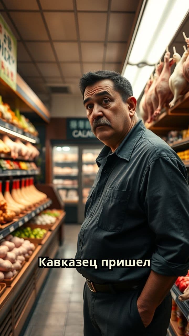 Кавказец и курица в магазине
