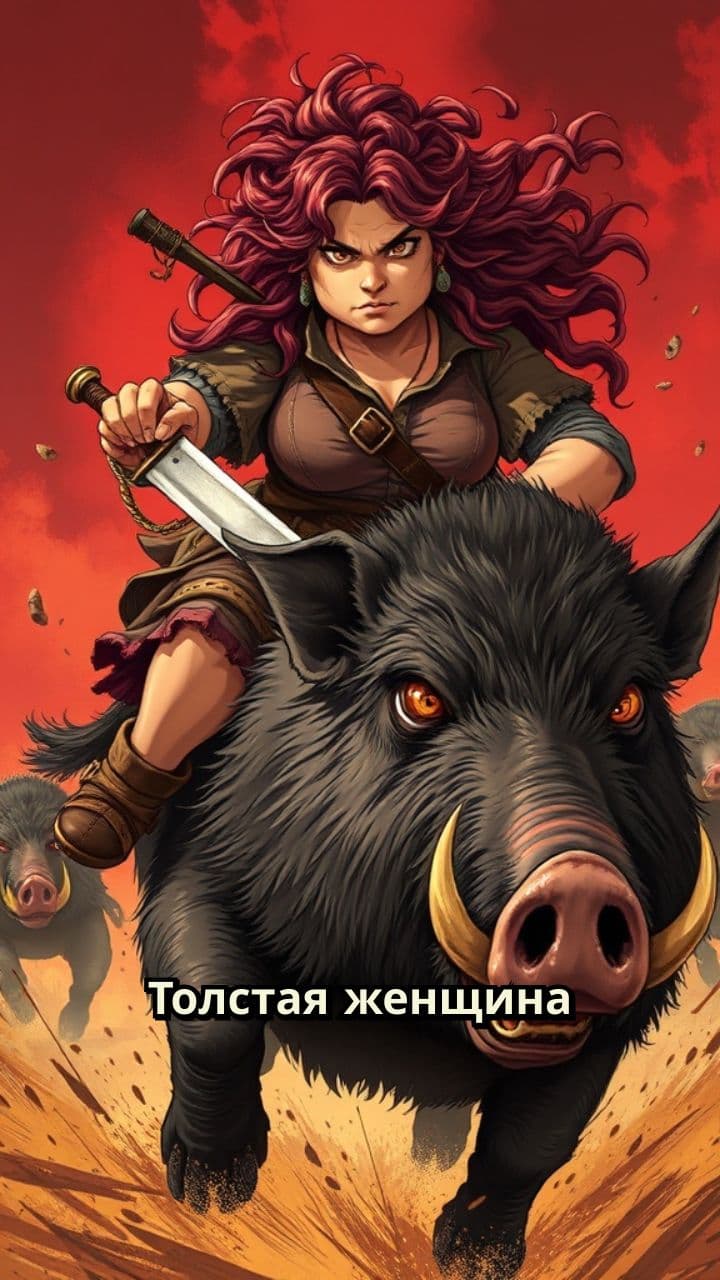 Толстая женщина с ножом на кабане