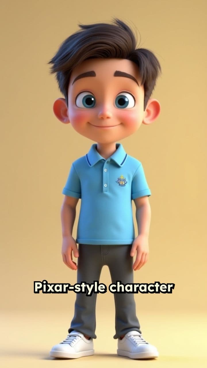 Personagem Pixar em ambiente escolar alegre