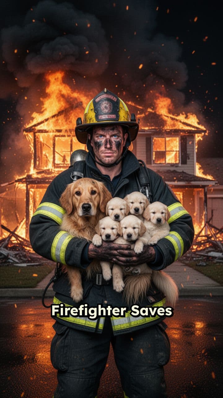 Firefighter Rescues Dog and Puppies
