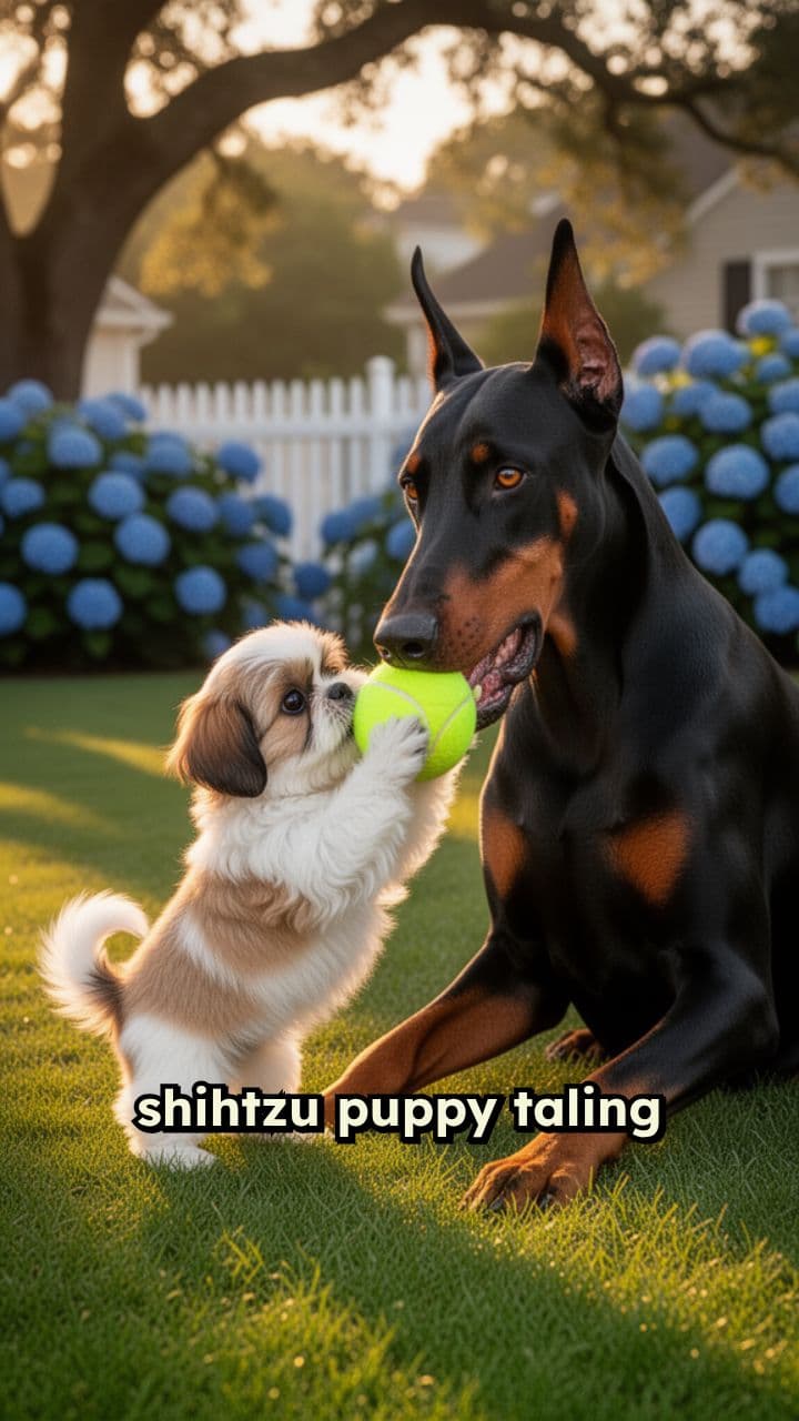 Shih Tzu Puppy Takes Ball from Doberman