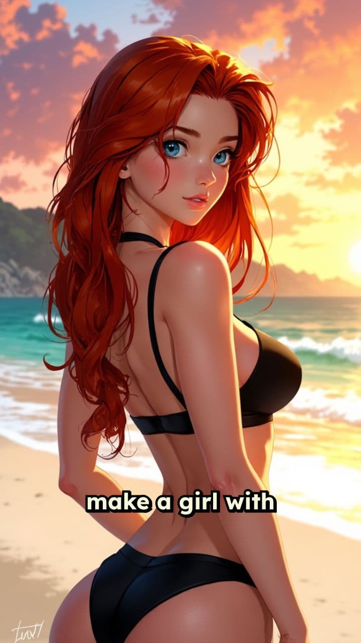 Red-Haired Girl in Black Bikini