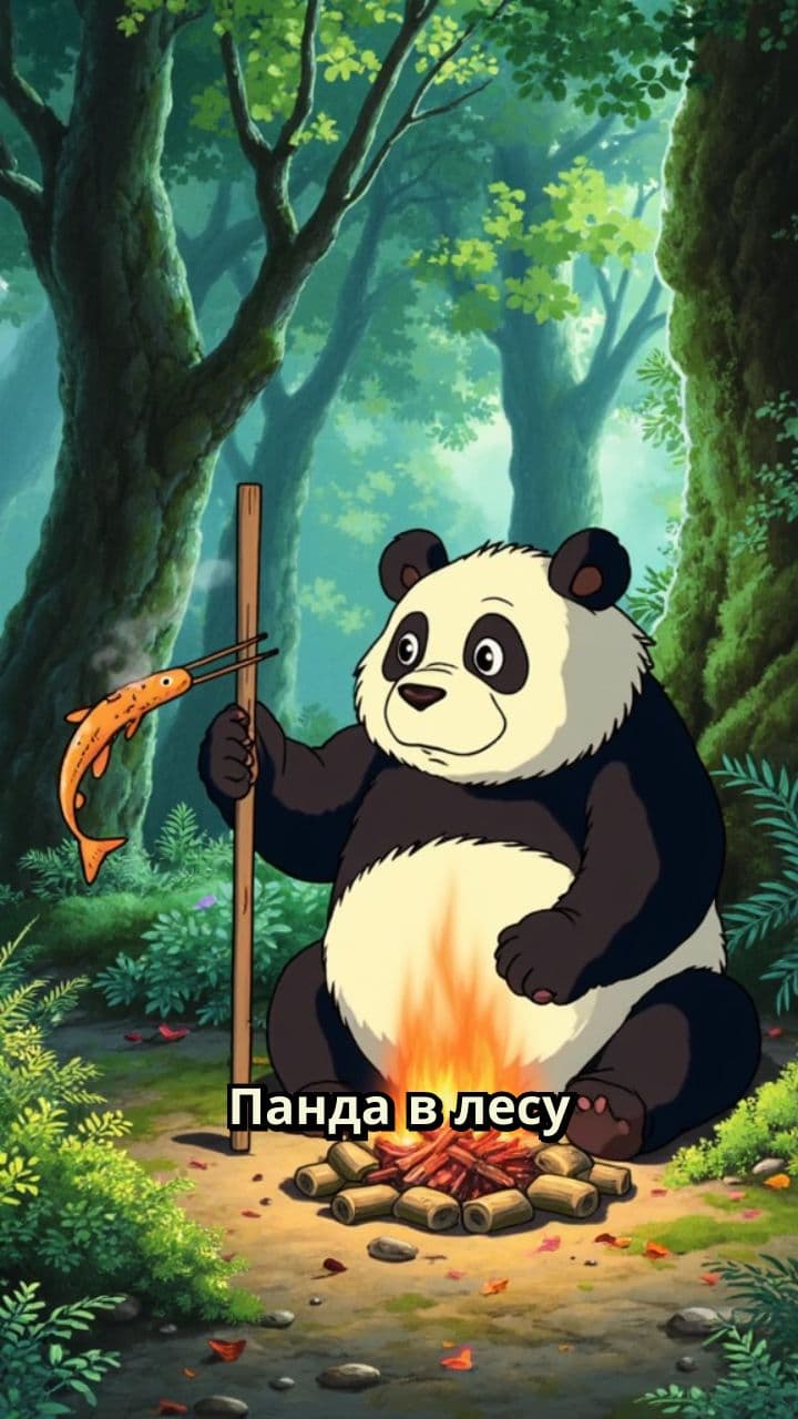 Панда жарит рыбу в лесу
