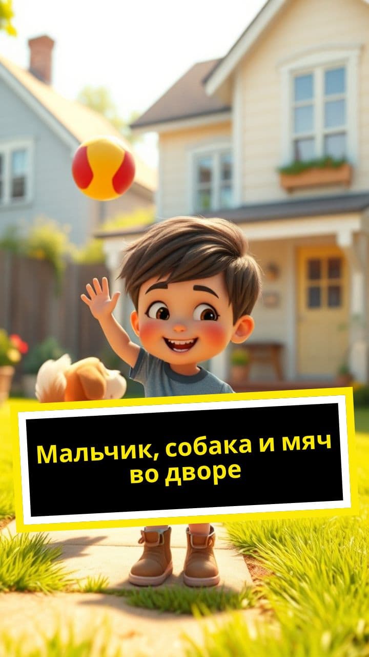 Мальчик, собака и мяч во дворе
