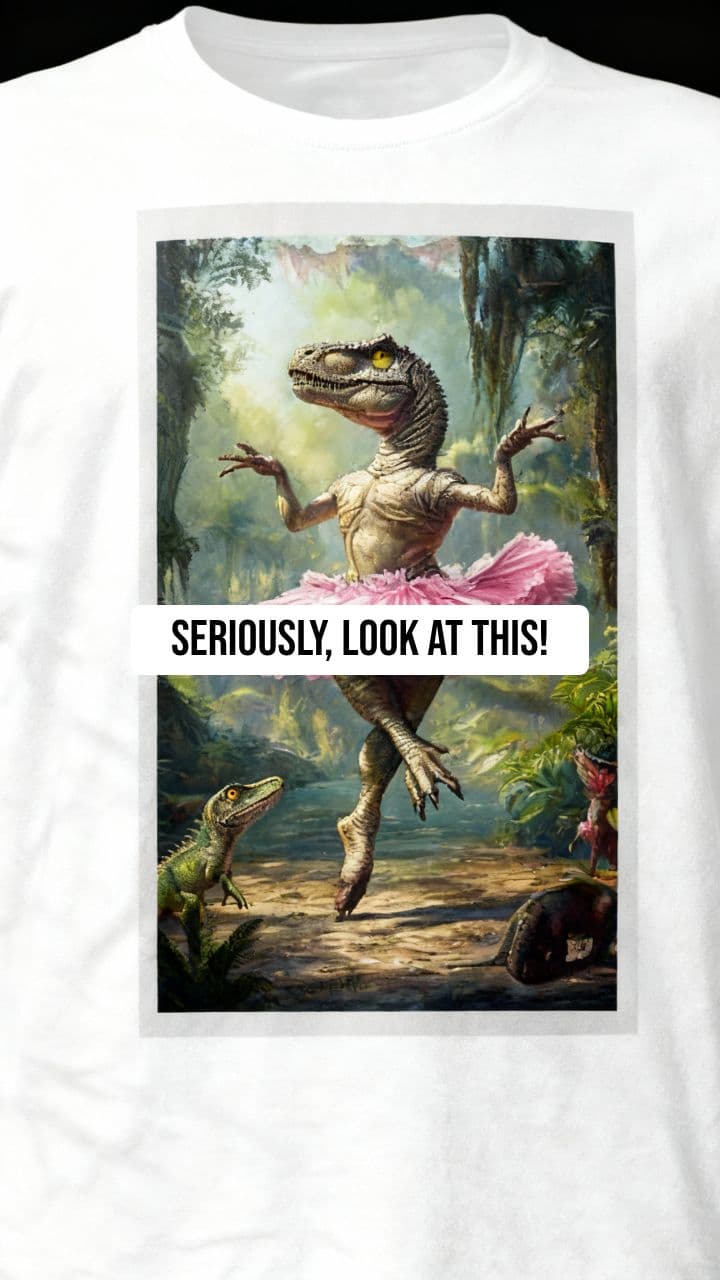 Humorous Raptor Ballet T-Shirt Ad