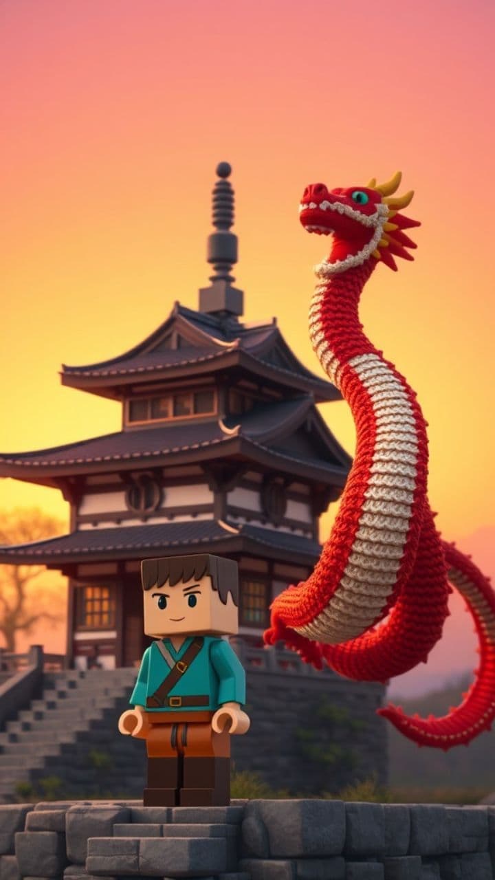 Японский дом и дракон в Minecraft