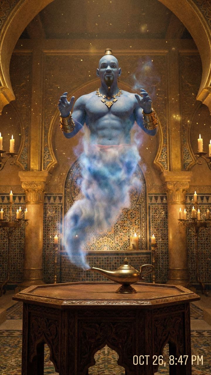 Majestic Genie Emerges from Golden Lamp