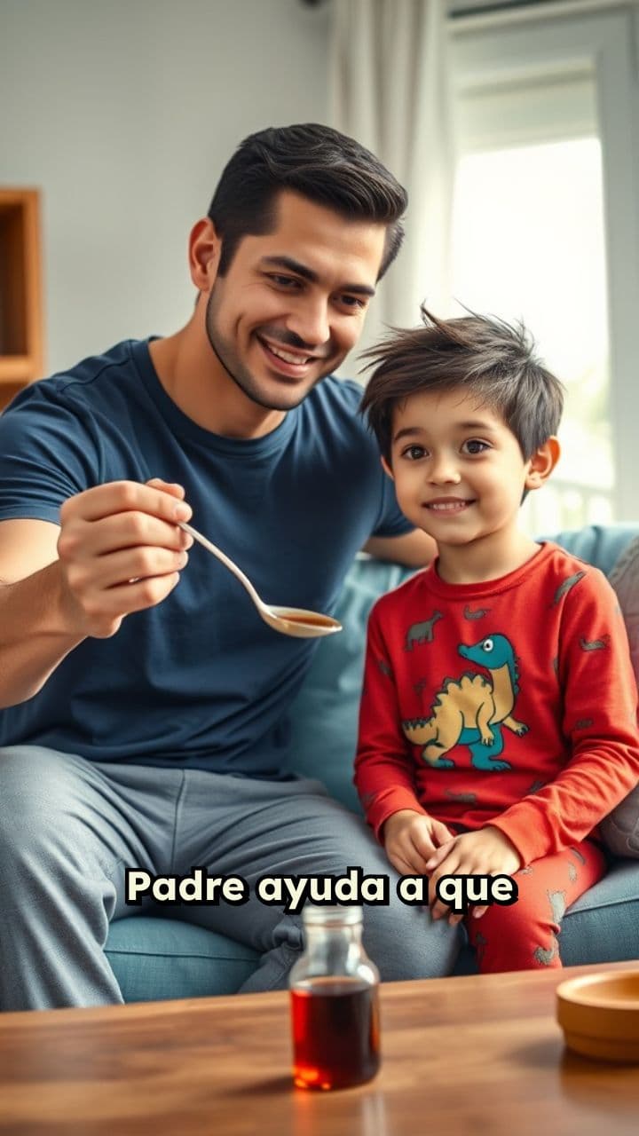 Padre ayuda a su hijo con jarabe