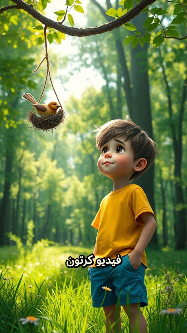 طفل وعصفور في الغابة