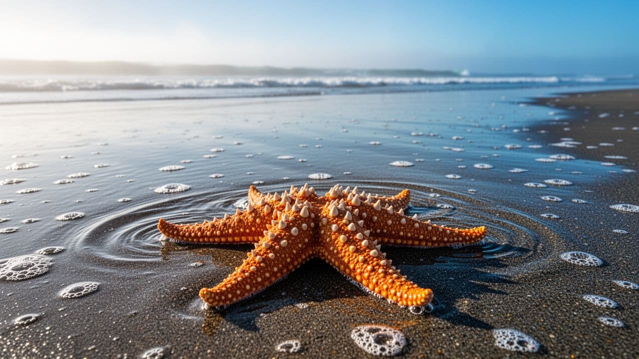 Starfish on Wet Shoreline Sand
