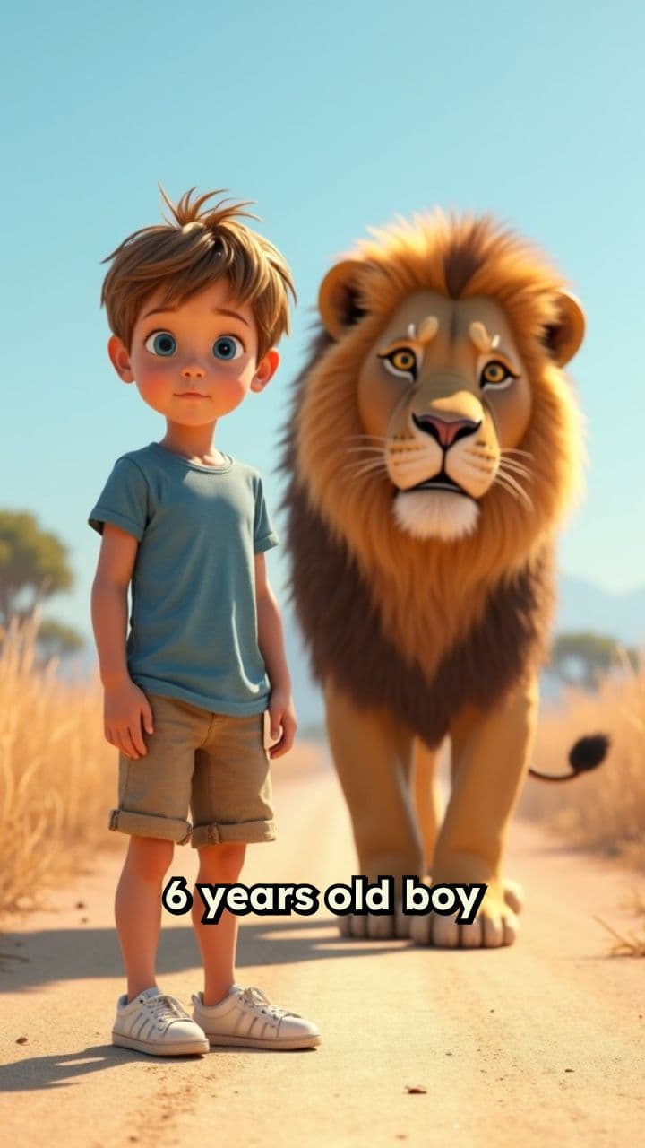 Boy Encounters Lion on the Road