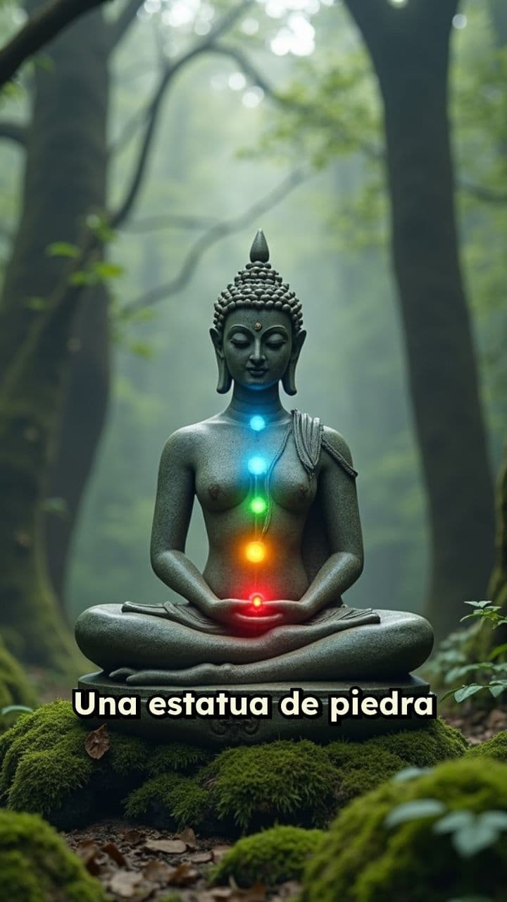 Estatua de piedra y chakras iluminados