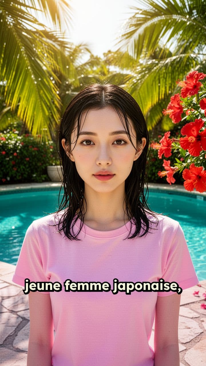 Jeune femme japonaise en tee-shirt rose mouillé