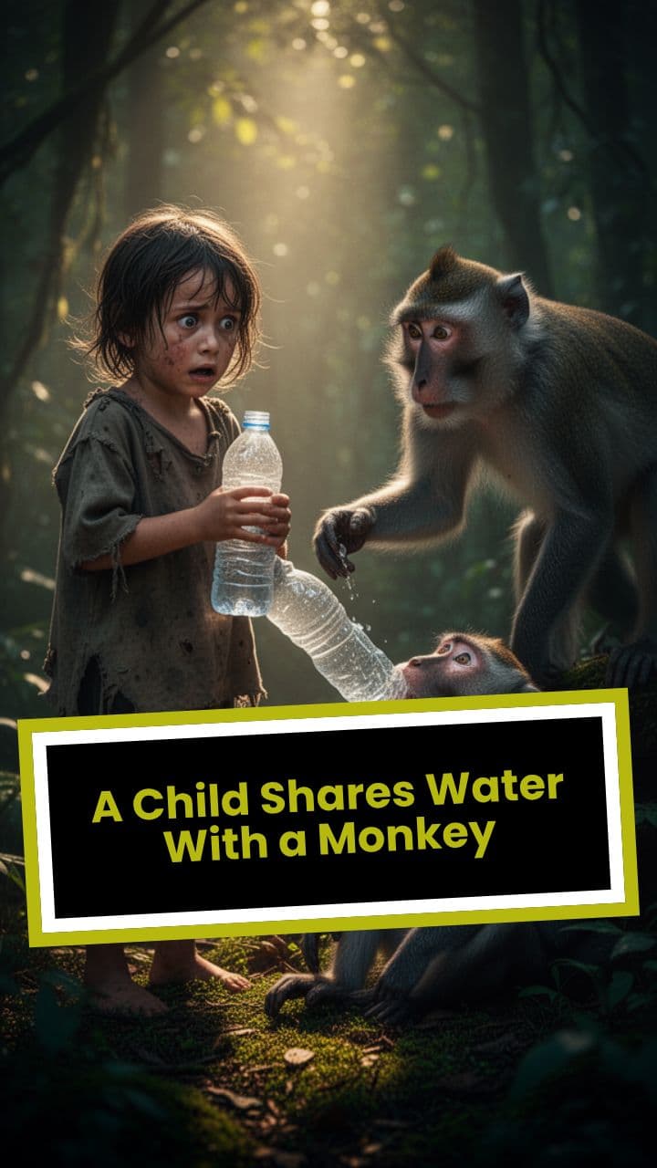 A Child Shares Water With a Monkey