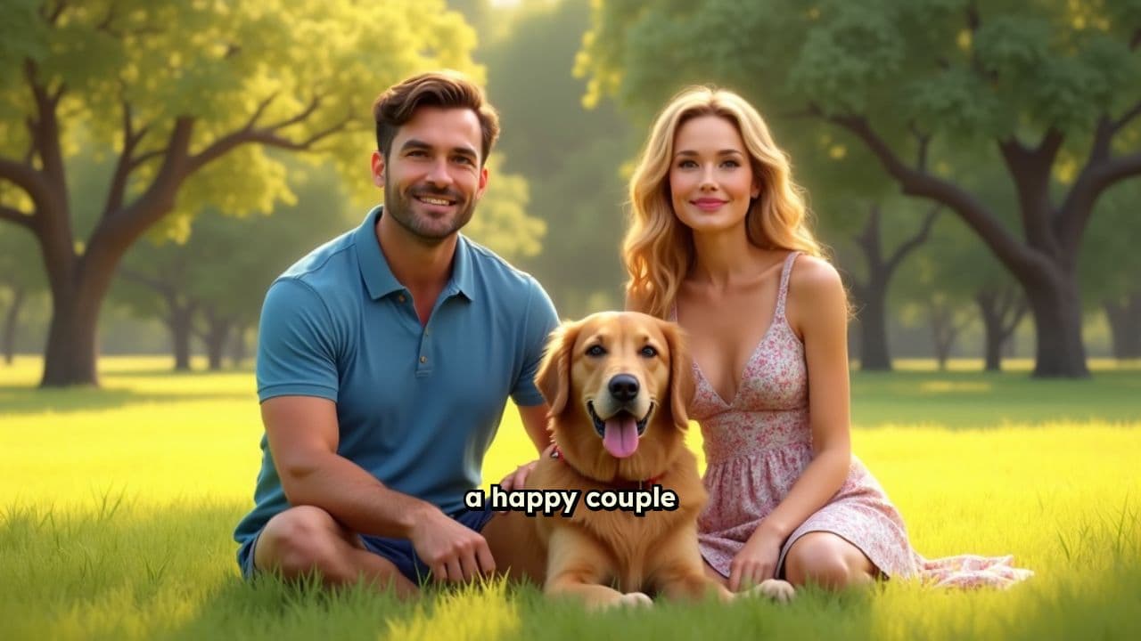 Счастливая пара играет с собакой в парке