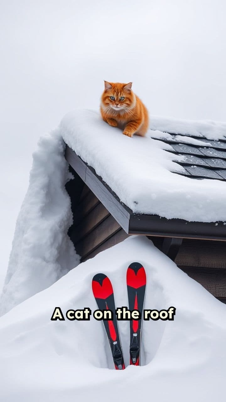 Cat on Roof with Sliding Snow