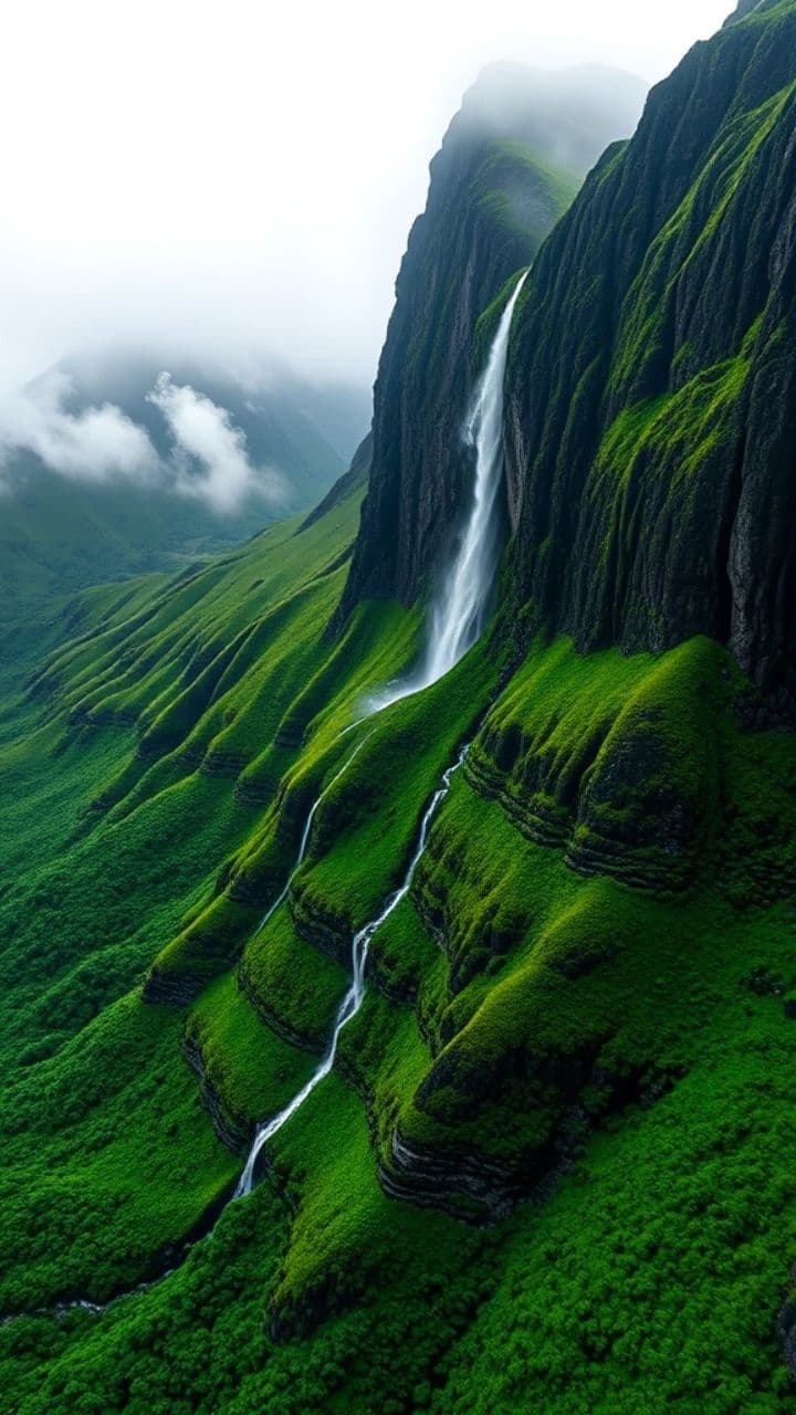 FPV drone flythrough into waterfall (lush green valley)