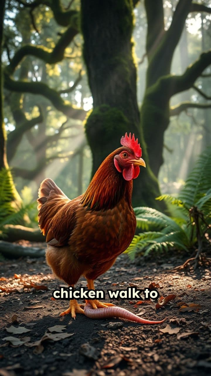 Chicken Eating a Worm in the Forest