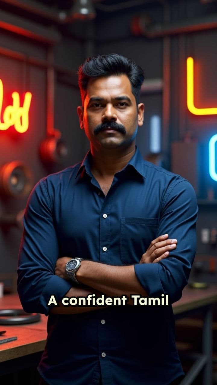 Tamil Businessman in Neon Workshop