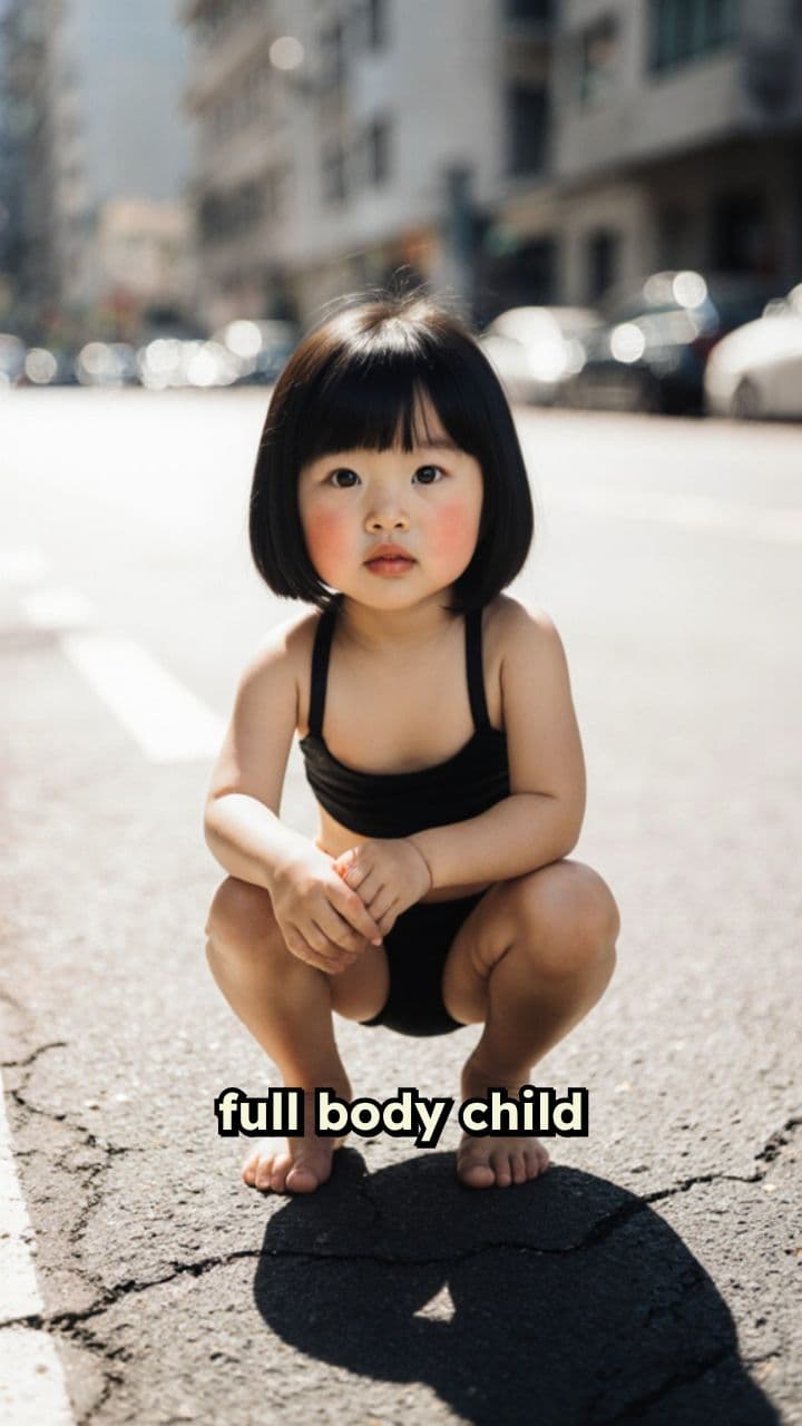 Child in Black Bikini Squatting in Street