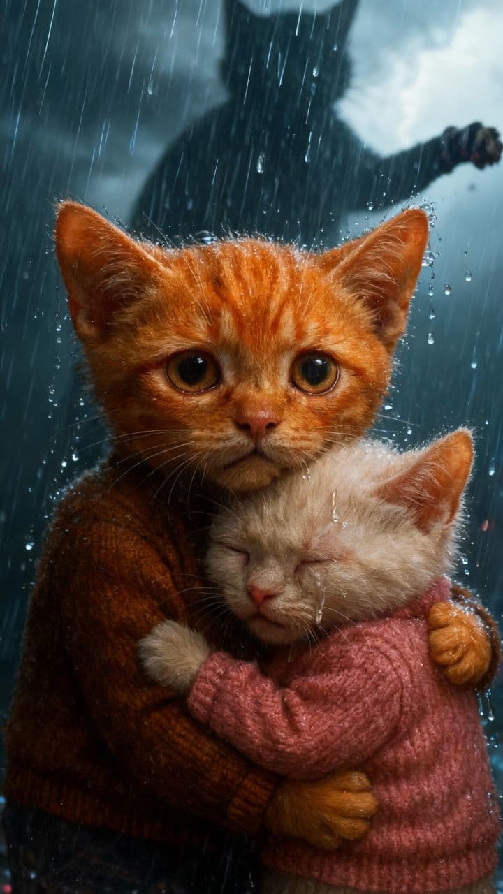Kitten's Embrace in the Rain